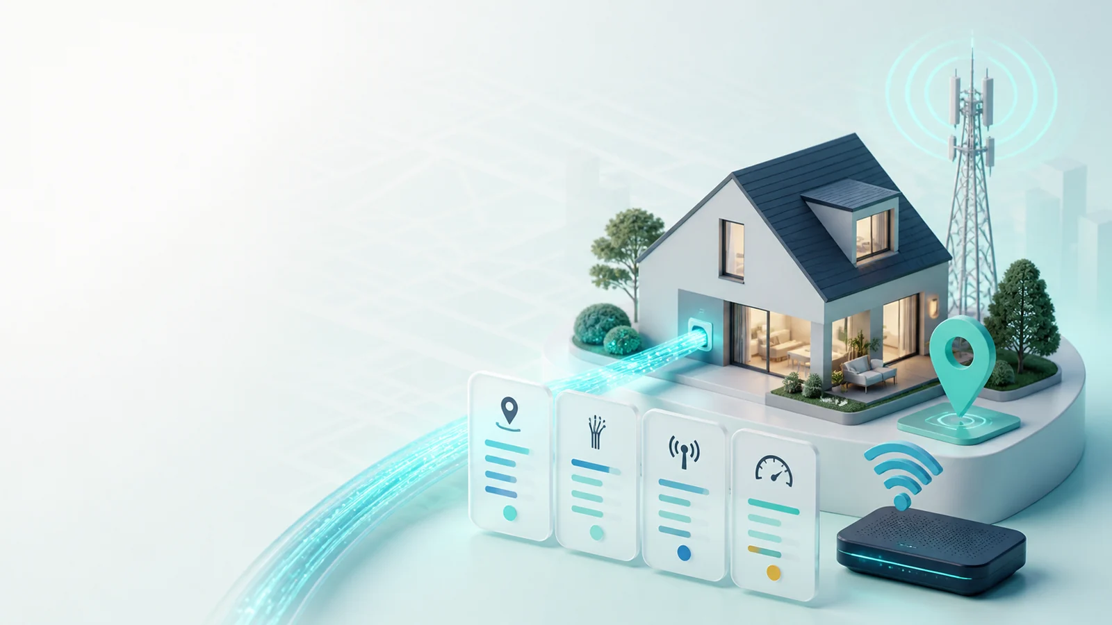 Hem med fiberkabel, router, mobilmast och adressmarkör