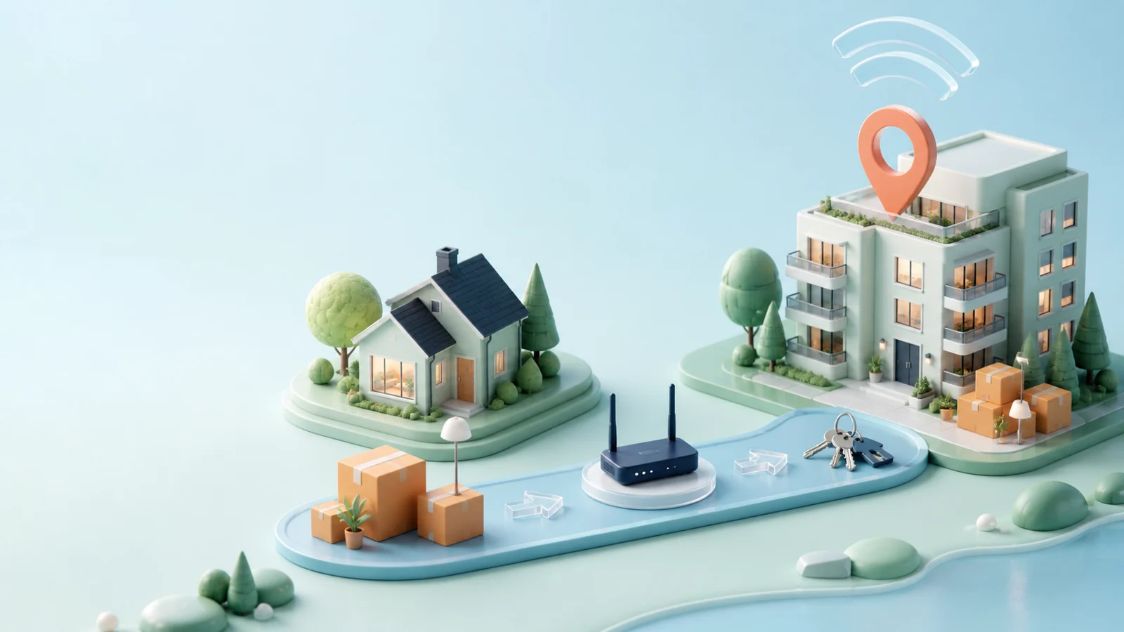 Router, flyttlådor och nycklar på väg mellan två bostäder