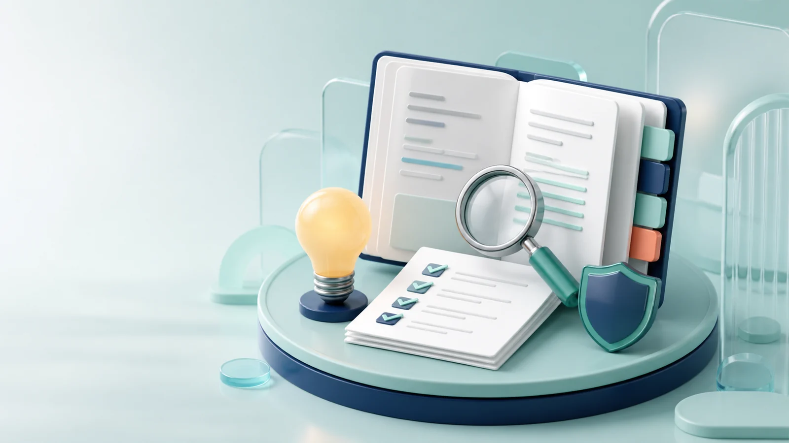 Öppen guidebok med checklista, förstoringsglas och trygghetssymboler i 3D