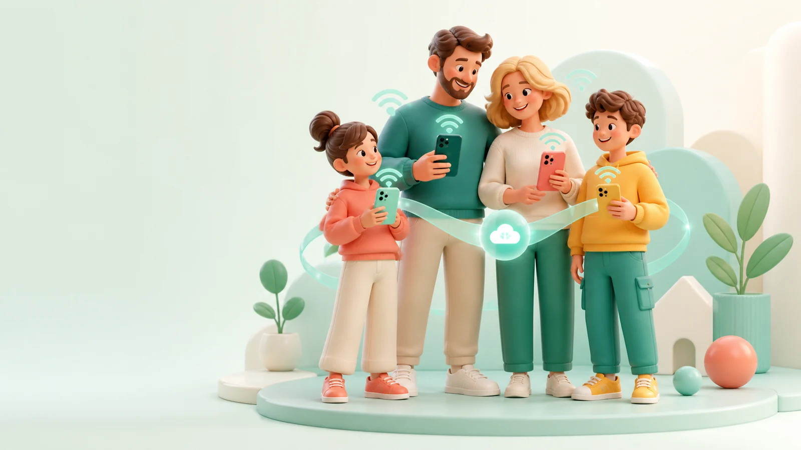 Familj som jämför mobilabonnemang med flera mobiler och delad surf