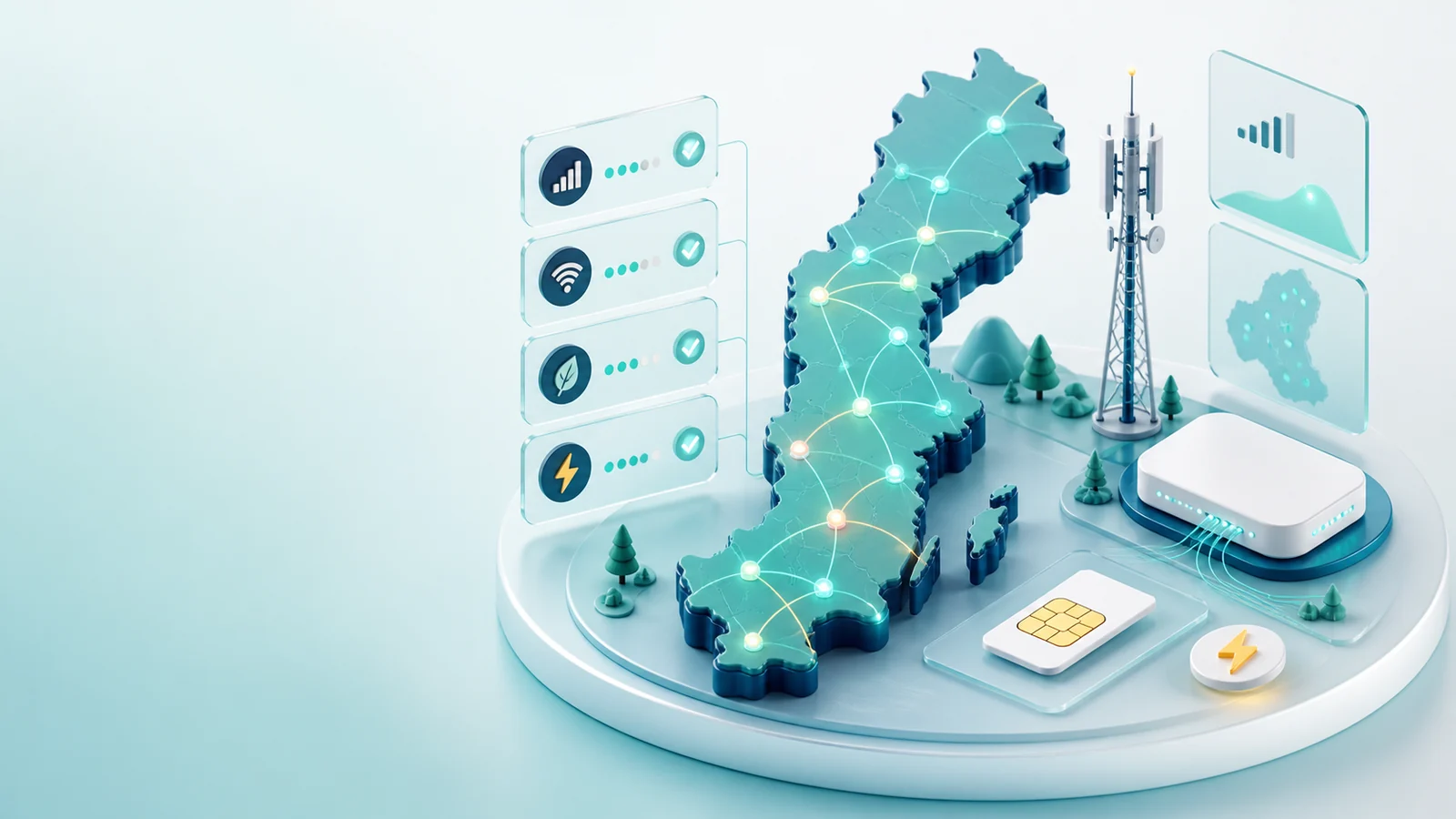 Sverigekarta, nätverk, router och SIM-kort som representerar olika operatörer